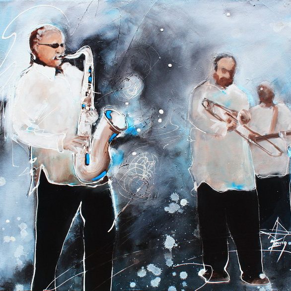 tableau Art Musique Jazz musicien : Peinture sur toile d'un groupe de musiciens de jazz lors d'un concert