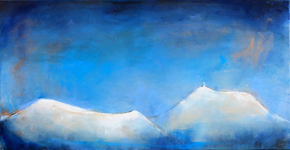Tableau Art Paysage : Peinture sur toile des volcans de la chaîne des puys avec le Puy Pariou et Puy de Dome en Auvergne près de Clermont Ferrand sous la neige