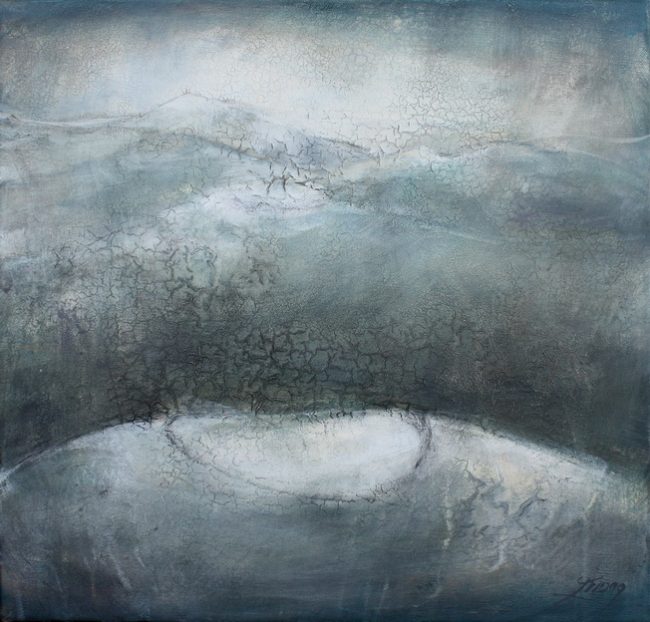 Tableau Art Paysage : Peinture sur toile des volcans de la chaîne des puys avec le Puy Pariou et Puy de Dome en auvergne prés de Clermont Ferrand dans le massif central dans la brume