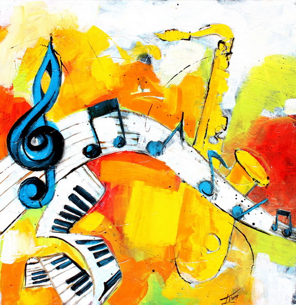 Art Musique : Peinture sur toile de l'harmonie musicale des instruments (trompette, piano, etc ...) avec les notes sur la portée
