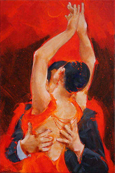 Tableau Art Danse : Peinture sur toile d'un couple de danseurs de tango argentin sur scène