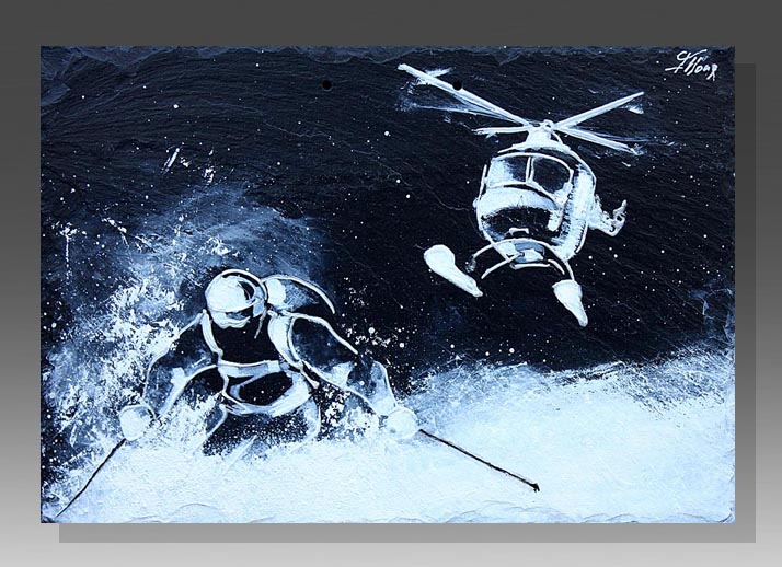 art peinture sur ardoise sport héliski freeride ski idée cadeau artistique