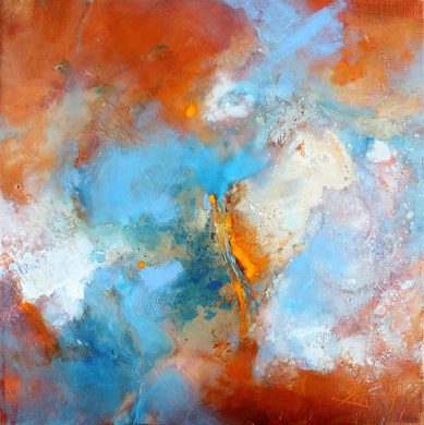art abstrait : peinture sur toile abstraite orange et bleue réalisée en technique mixte