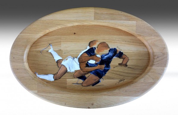 Art artisanat sport rugby : Peinture sur support ovale en bois massif