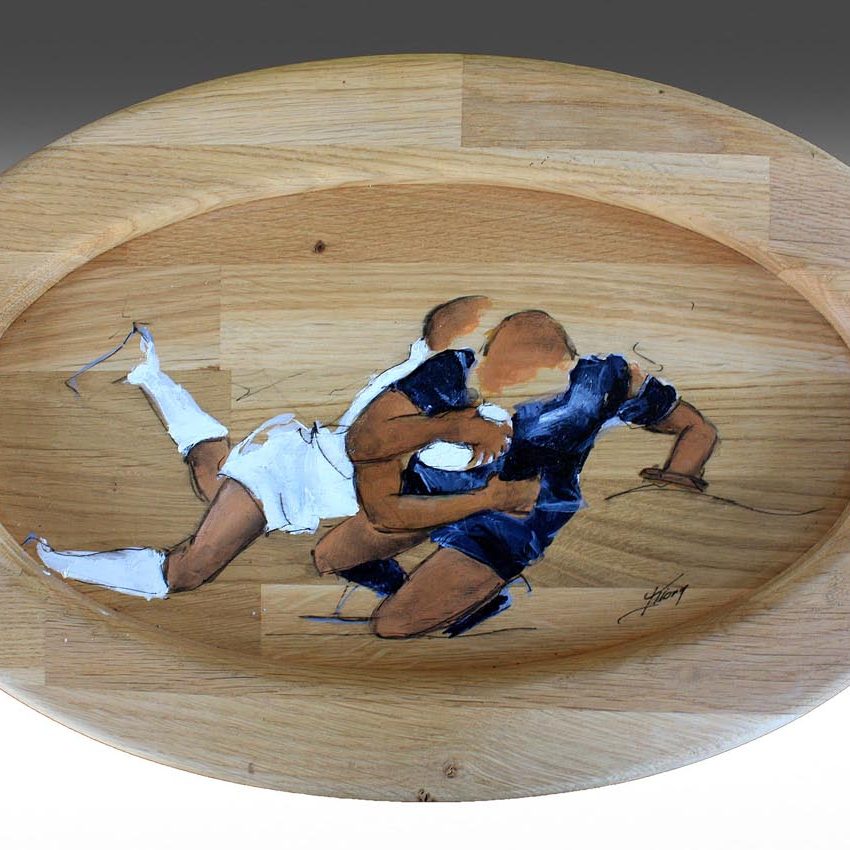 Art artisanat sport rugby : Peinture sur support ovale en bois massif