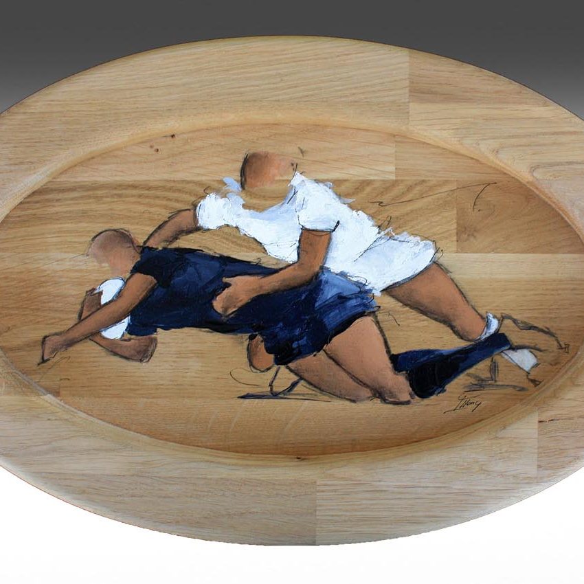 Art artisanat sport rugby : Peinture sur support ovale en bois massif
