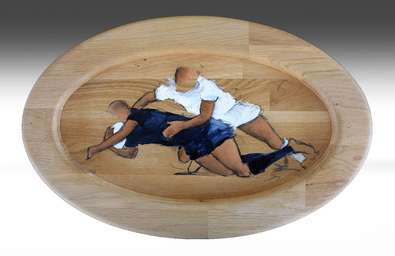 Art artisanat sport rugby : Peinture sur support ovale en bois massif