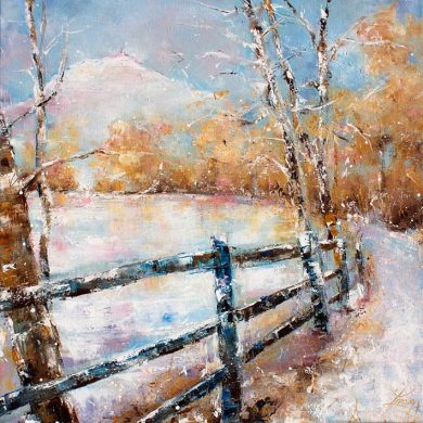 Art tableau paysage puy de dôme : peinture sur toile d'un panorama du puy de dome sous la neige en hiver