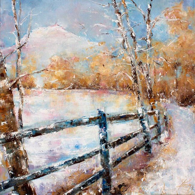 Art tableau paysage puy de dôme : peinture sur toile d'un panorama du puy de dome sous la neige en hiver