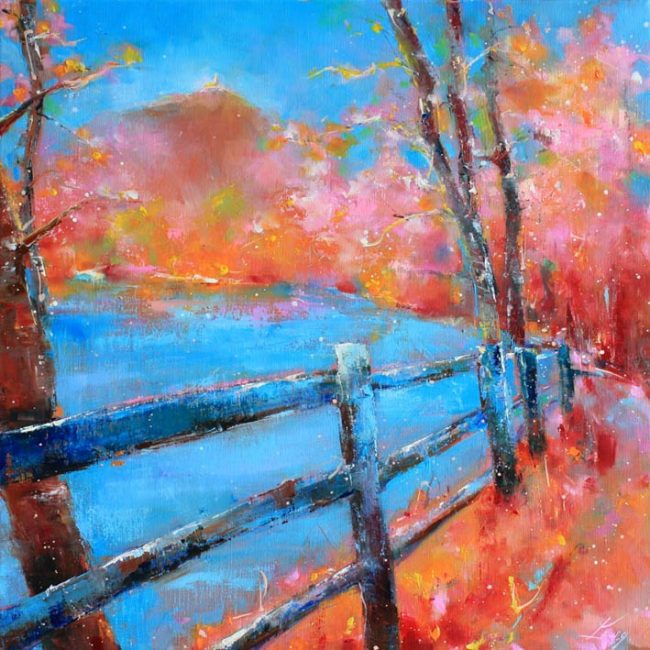 Art tableau paysage puy de dôme : peinture sur toile d'un panorama du puy de dome au printemps