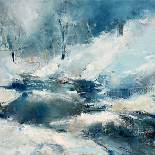 art tableau paysage rivière : Peinture à l'huile sur toile d'une rivière dans un paysage de neige et de glace