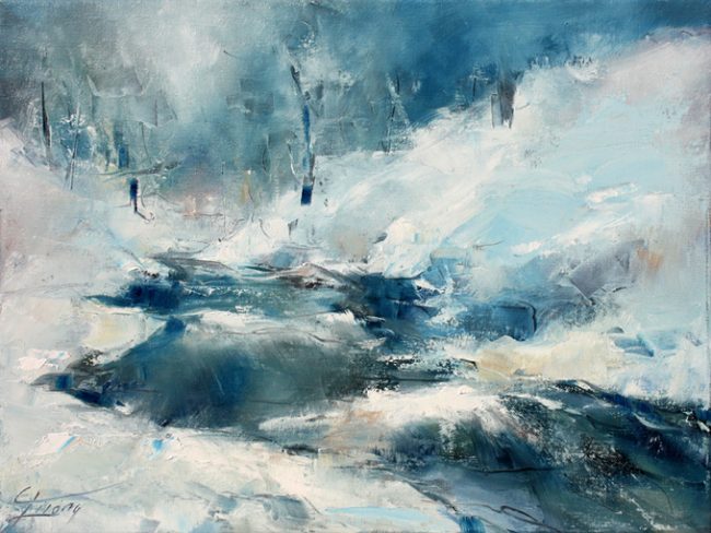 art tableau paysage rivière : Peinture à l'huile sur toile d'une rivière dans un paysage de neige et de glace