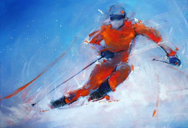 Art tableau sport de glisse ski alpin jeux olympiques : Peinture sur toile d'un skieur sur piste en plein virage