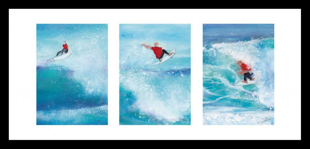 art peinture aquarelle sport surf : un surfer ride de grosses vagues sur la côte atlantique prés de Hossegor