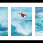 Framed triptych surf watercolor painting by Lucie LLONG, movement and sport artist : Surfer on Atlantic coast waves