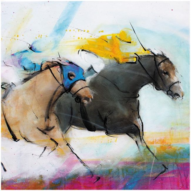 art peinture sur toile tableau sport équitation chevaux course hippique : le finish pour deux chevaux de course lors du prix de l'Arc de Triomphe