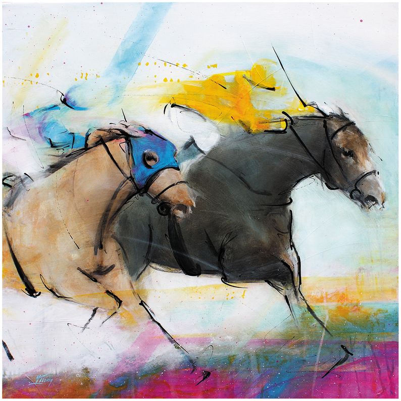 art peinture sur toile tableau sport équitation chevaux course hippique : le finish pour deux chevaux de course lors du prix de l'Arc de Triomphe