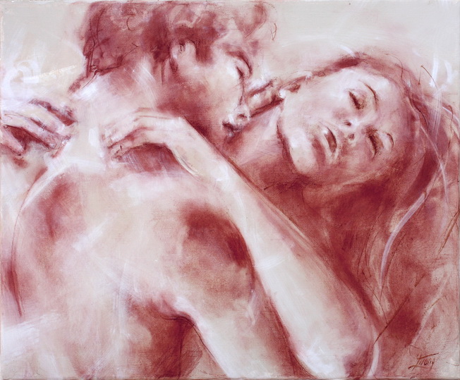 Love art painting on canvas : passion for a sensual couple kissing