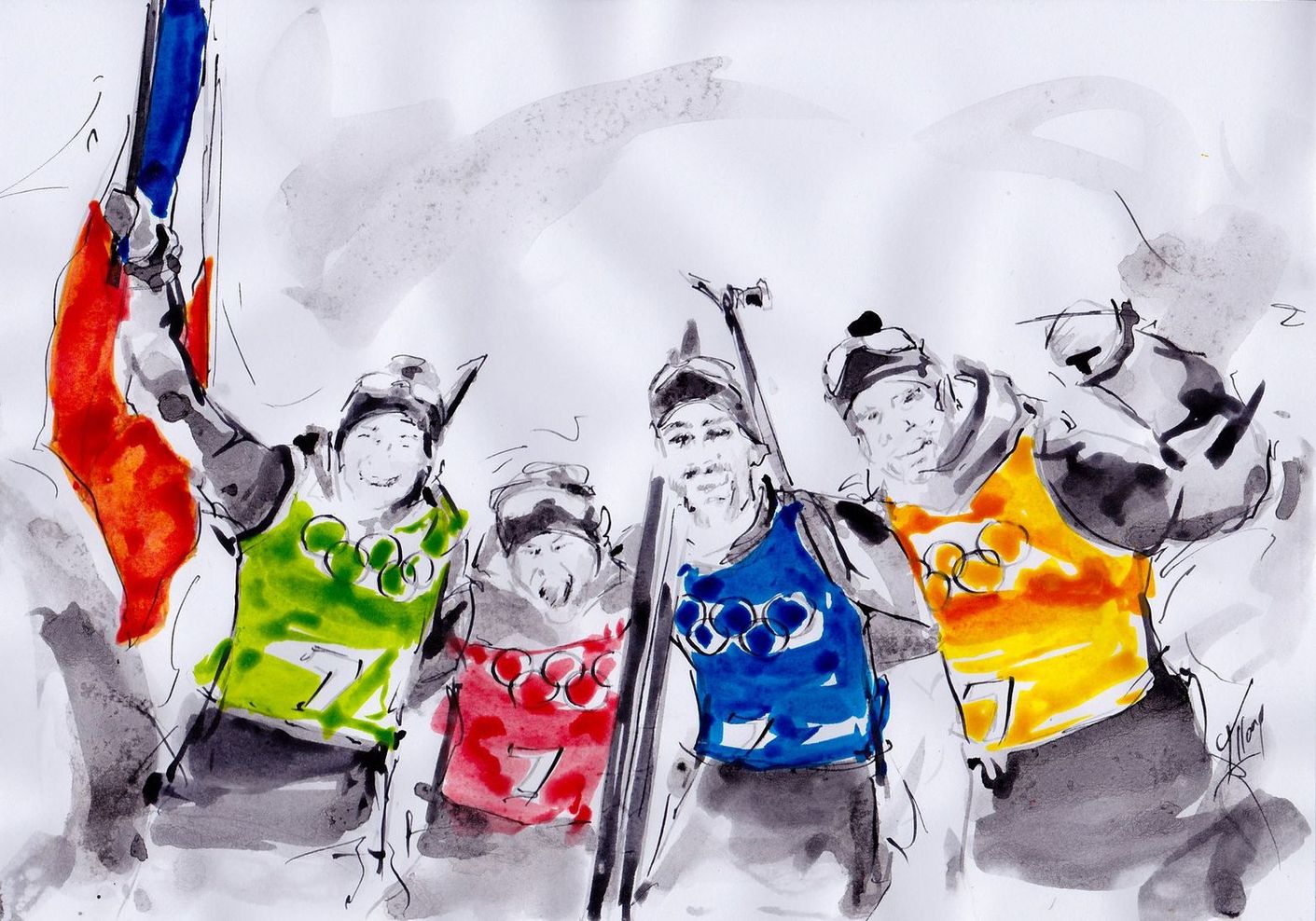 art peinture sport de glisse biathlon Jeux olympiques d'hiver Médaille d'or Pyeongchang JO 2018 :La victoire de Martin Fourcade, Marie Dorin, Anaïs Bescond et Simon Desthieux en biathlon (relais mixte)