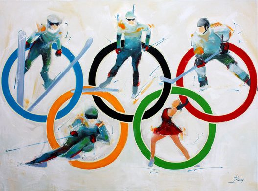 Art table sport Olympics: Painting on canvas of 5 sports of the Winter Olympics such as ski jumping, biathlon, rock hockey, figure skating and alpine skiing, a colorful tribute to Baron Pierre de Coubertin