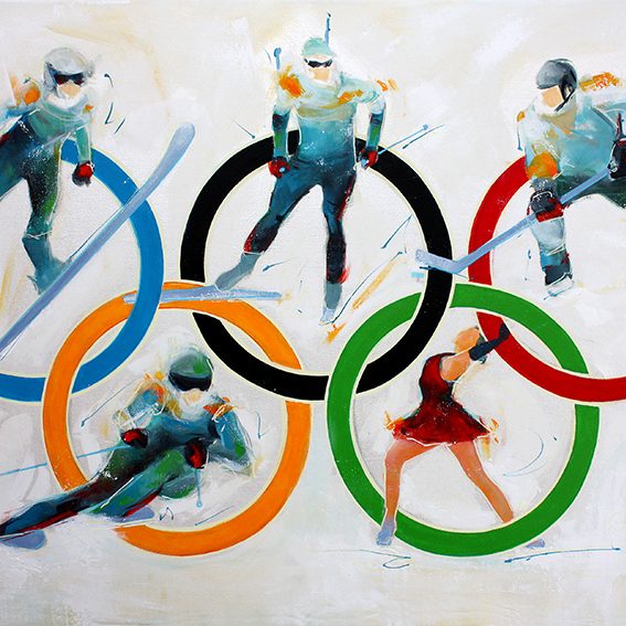 Art table sport Olympics: Painting on canvas of 5 sports of the Winter Olympics such as ski jumping, biathlon, rock hockey, figure skating and alpine skiing, a colorful tribute to Baron Pierre de Coubertin