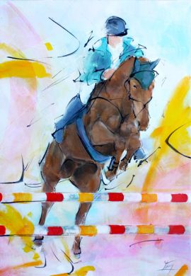 art tableau horses riding: the power of a jumping horse over a Grand Prix obstacle