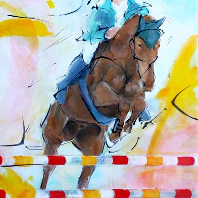 art tableau horses riding: the power of a jumping horse over a Grand Prix obstacle