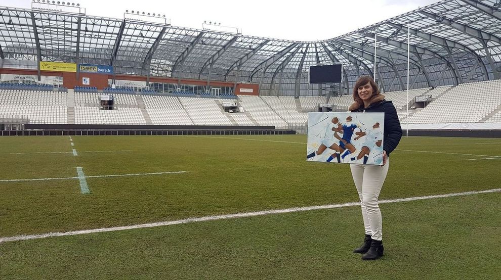 Exposition de peinture sur le rugby au stade des Alpes de grenoble à l'occasion du crunch France Angleterre du tournoi des 6 nations 2018 féminin