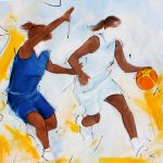 Art tableau sport collectif basketball : peinture sur toile d'une rencontre de basket féminin