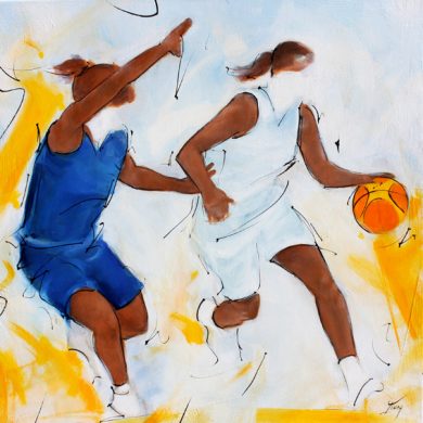 Art painting team sport basketball: painting on canvas of a women's basketball match
