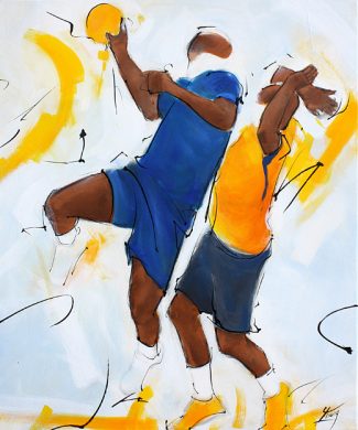 Art painting team sport handball : painting on canvas of a handball player of the experts of the french team
