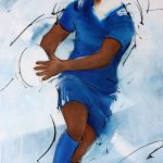 Art tableau sport collectif rugby : peinture sur toile d'un joueur de rugby entre le XV de France lors du tournoi des 6 nations
