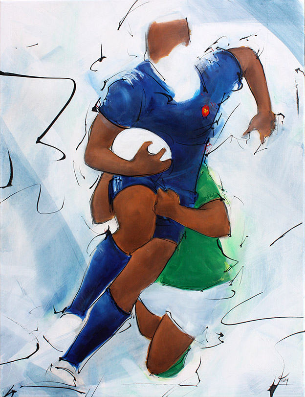 Art tableau sport collectif rugby : peinture sur toile d'un match de de rugby entre le xv de France et l'Irlande lors du tournoi des 6 nations