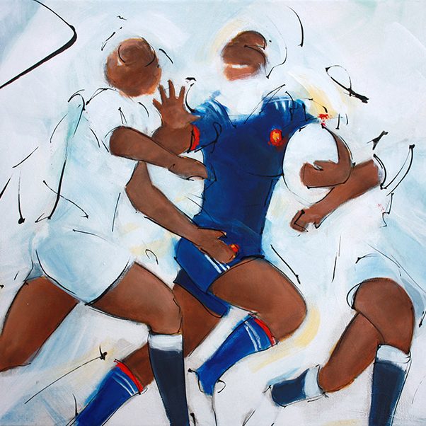 Art tableau sport collectif rugby : peinture sur toile d'une rencontre de rugby féminin entre le xv de France et l'Angleterre lors du tournoi des 6 nations