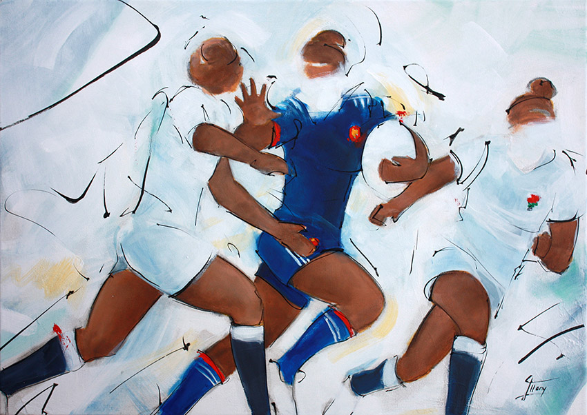 Art tableau sport collectif rugby : peinture sur toile d'une rencontre de rugby féminin entre le xv de France et l'Angleterre lors du tournoi des 6 nations