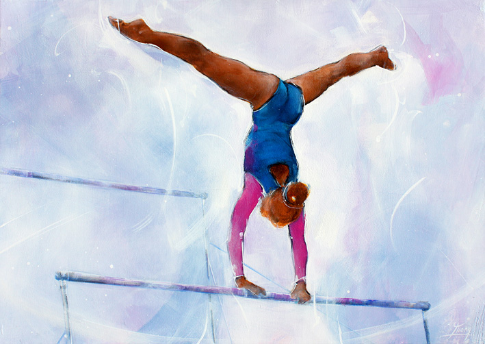 Art painting canvas sport gymnastic : gymnast flying on uneven bars