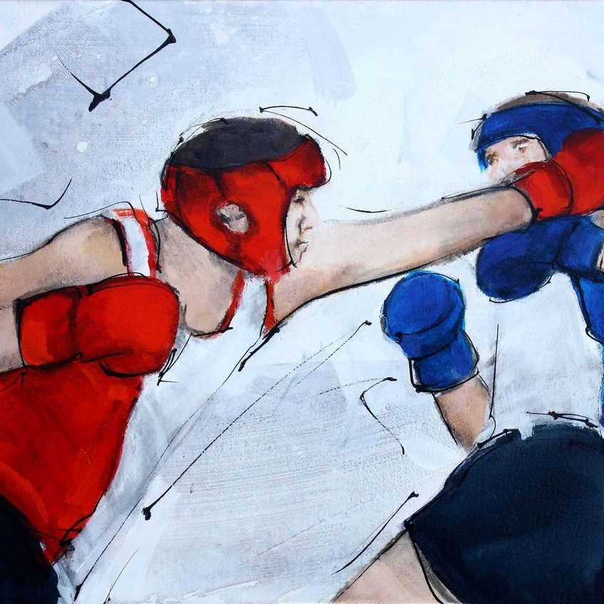 Art painting combat sport boxing: painting on canvas of a boxer punching his opponent in the face