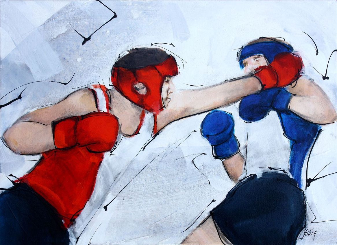 Art tableau sport de combat boxe : peinture sur toile d'un boxeur frappant son adversaire au visage