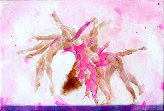 Art painting sport gymnastics beam: painting on canvas of the chronology of a salto on the beam by a gymnast