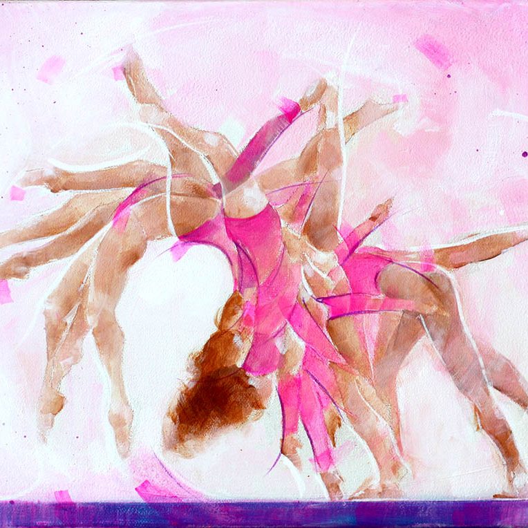 Art painting sport gymnastics beam: painting on canvas of the chronology of a salto on the beam by a gymnast