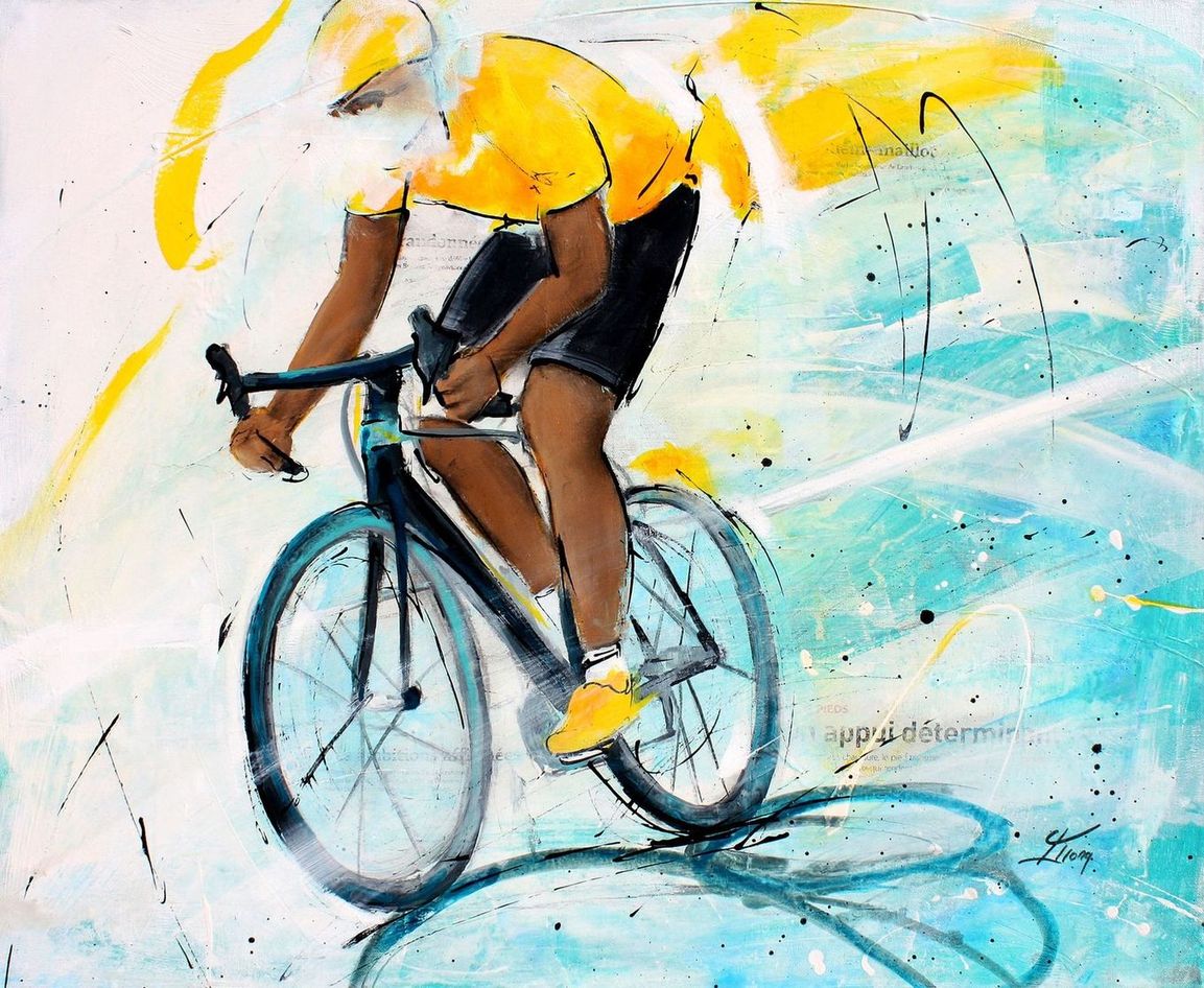 art tableau peinture sport cyclisme vélo : tableau du vainqueur du tour de France de cyclisme avec son maillot jaune