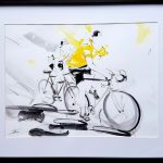 art tableau sport cyclisme : peinture à l'encre offerte à Bernard thévenet avec le maillot jaune, double vainqueur du tour de France par les organisateurs du Tour cycliste de l'API (agglomération pays d'Issoire)