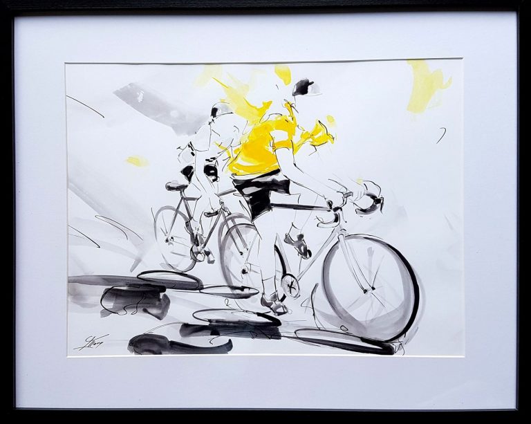 art_sport_peinture_tableau_encre_cyclisme_tour_de_france_cycliste_maillot_jaune_cadeau_bernard_thevenet