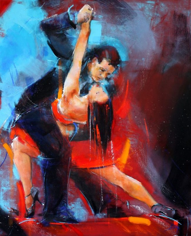 art tableau danse tango argentin : peinture sur toile d'un couple de danseurs très complices dansant sensuellement sur scène