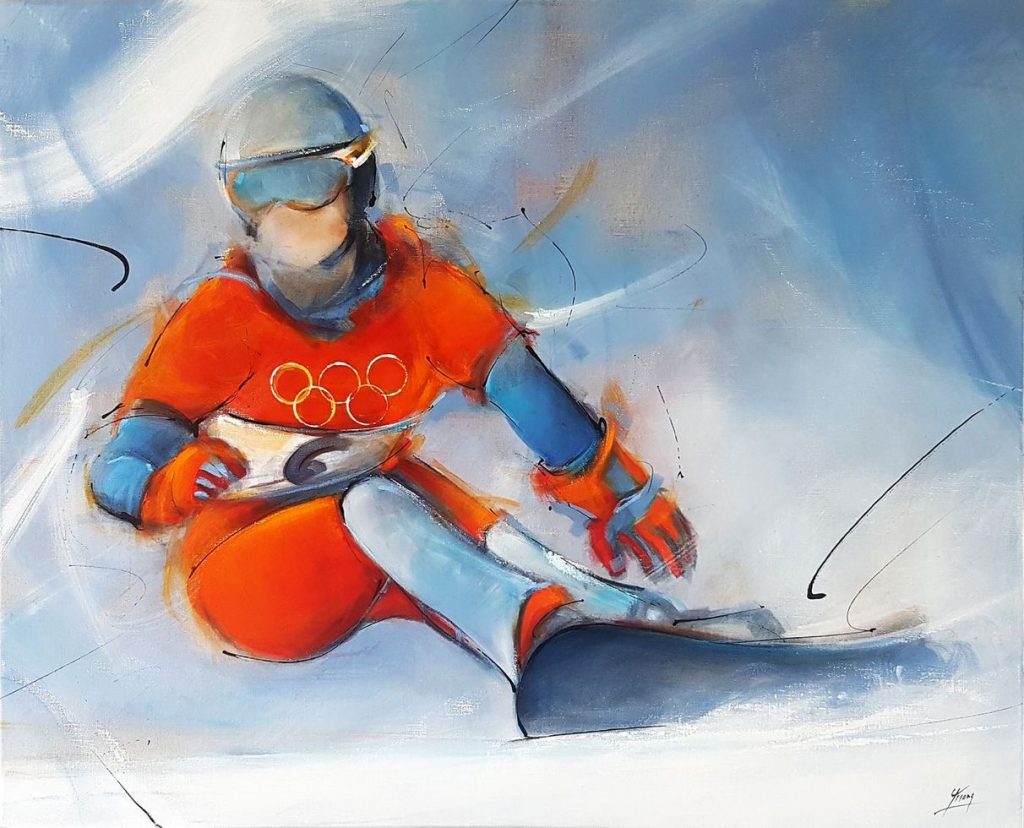 Art peinture sur toile tableau sport de glisse : La championne olympique Isabelle Blanc sur son snowboard lors des Jeux Olympiques (JO) de Salt Lake City en 2002 pour le gain de la médaille d'or face à Karine Ruby