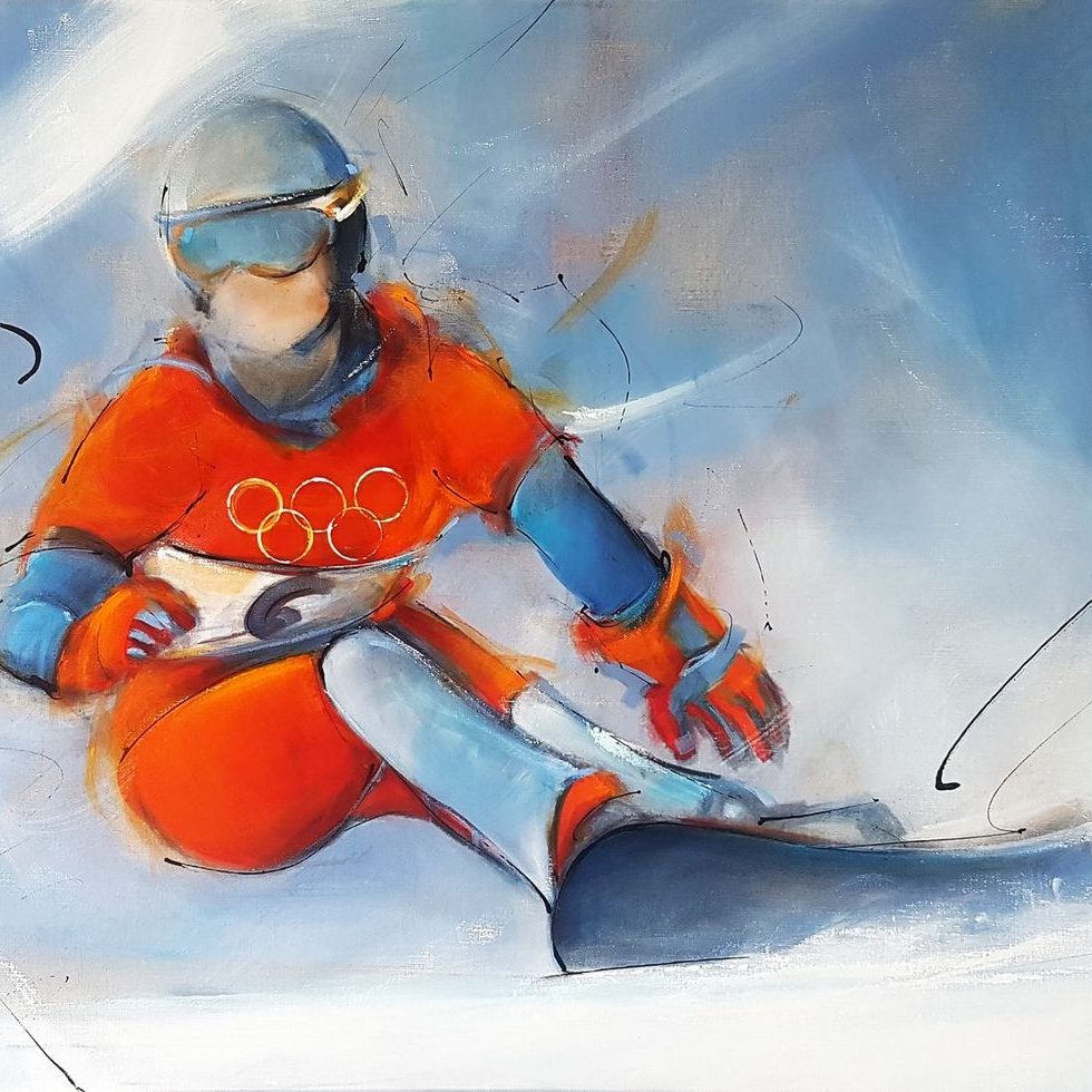 Art painting on canvas of sliding sports: Olympic champion Isabelle Blanc on her snowboard during the 2002 Salt Lake City Olympics, winning the gold medal against Karine Ruby.