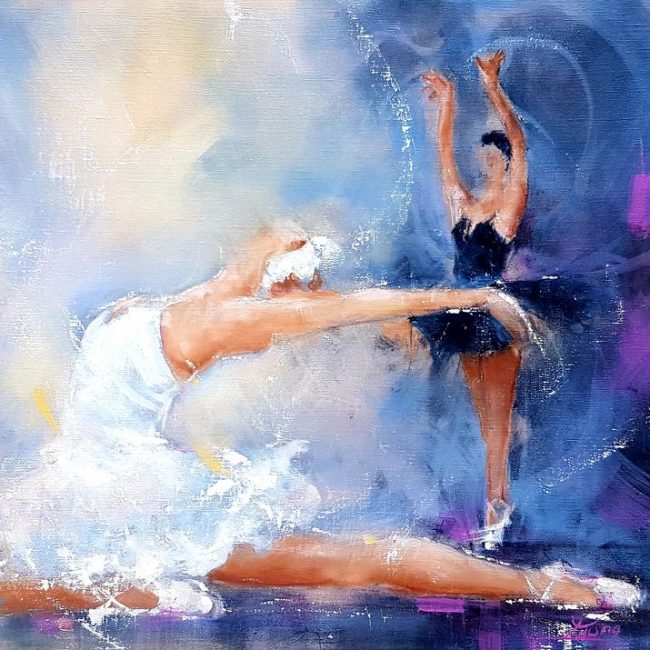 art peinture tableau danse classique ballet : Odile et Odette s'opposent pour l'amour de siegfried dans le lac des cygnes de Tchaïkovski
