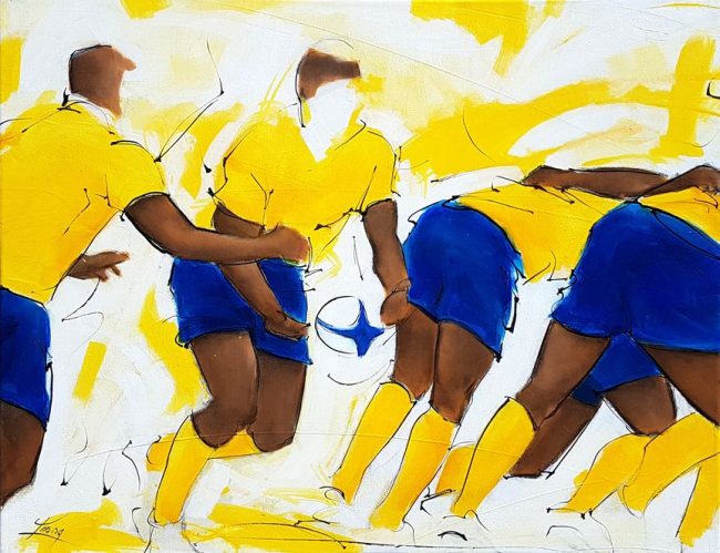 art tableau sport collectif rugby : peinture sur toile d'un match de rugby représentant le départ au raz du n°8 de l'ASM Clermont Auvergne au Stade Marcel Michelin