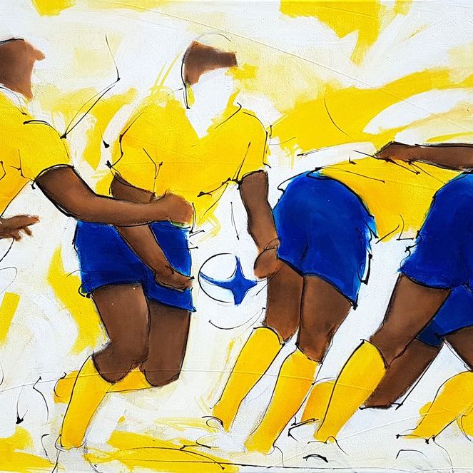 art tableau sport collectif rugby : peinture sur toile d'un match de rugby représentant le départ au raz du n°8 de l'ASM Clermont Auvergne au Stade Marcel Michelin