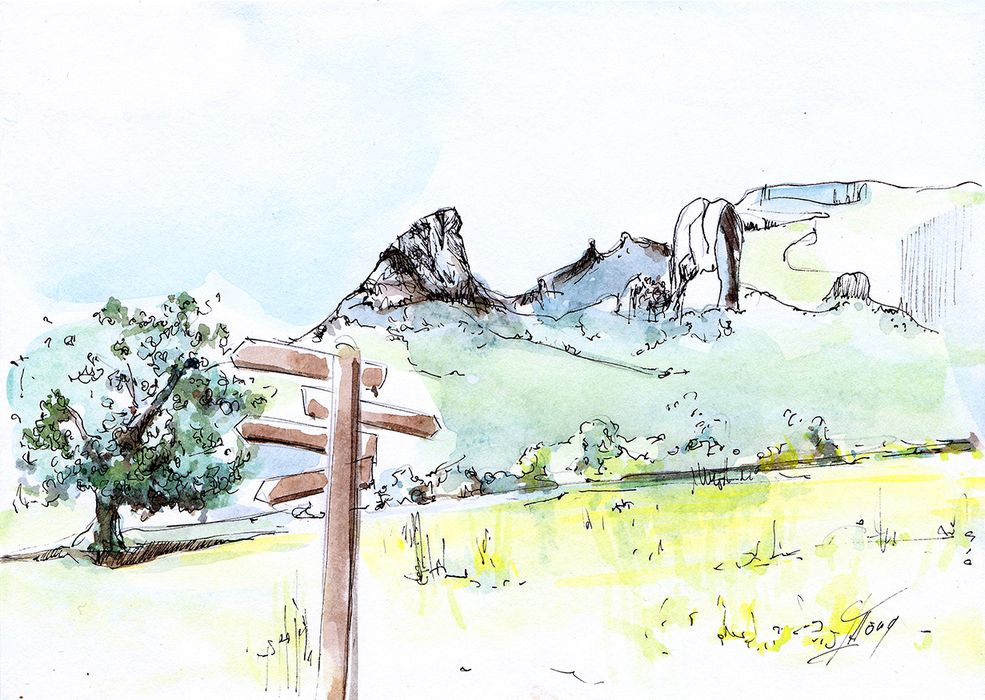 art peinture tableau aquarelle paysage d'Auvergne : la crête de coq et la dent de la rancune dans la vallée de Chaudefour